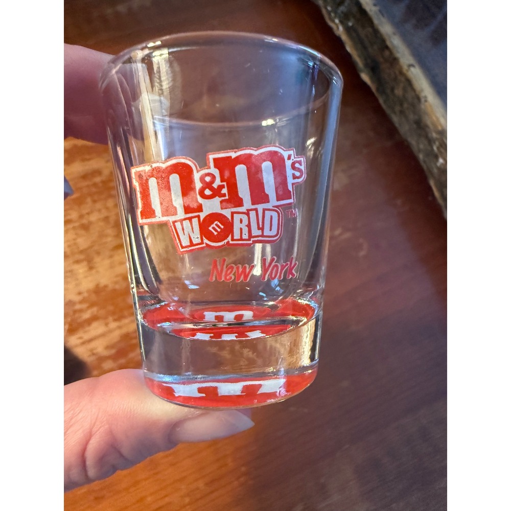 M&M's World New York Shot Glass Red Logo Clear Souvenir Barware NYC Collectible